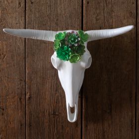 Southwestern Longhorn Skull with Faux Succulents - Rustic Home Decor and Wall Art