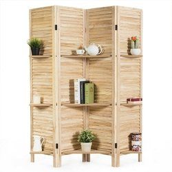 4 Panel Freestanding Folding Hinged Room Divider /w 3 Display Shelves