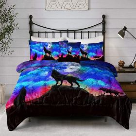 Galaxy Comforter Set Men 3D Wolf Bed Comforter Set 4 Piece Wolves Howling Bedding For Boys Retro Oil Painting Design Purple Blue And Black Beddin (Option: Queen-Black)