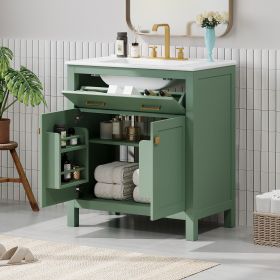 30-inch Bathroom Vanity with Ceramic Sink, Modern Green Single Bathroom Cabinet with 2 Doors and a Shelf, Soft Close Doors (Color: Green, Material: Solid Wood+MDF)